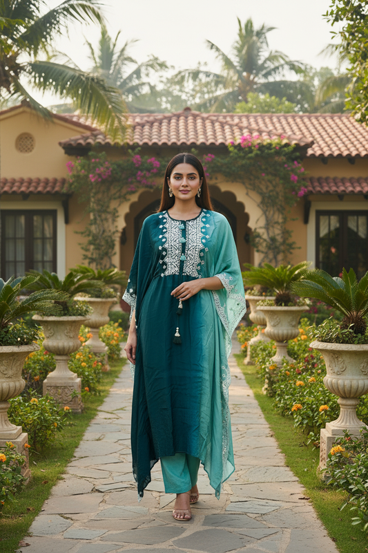 Green Ombre Embroidered Kaftan