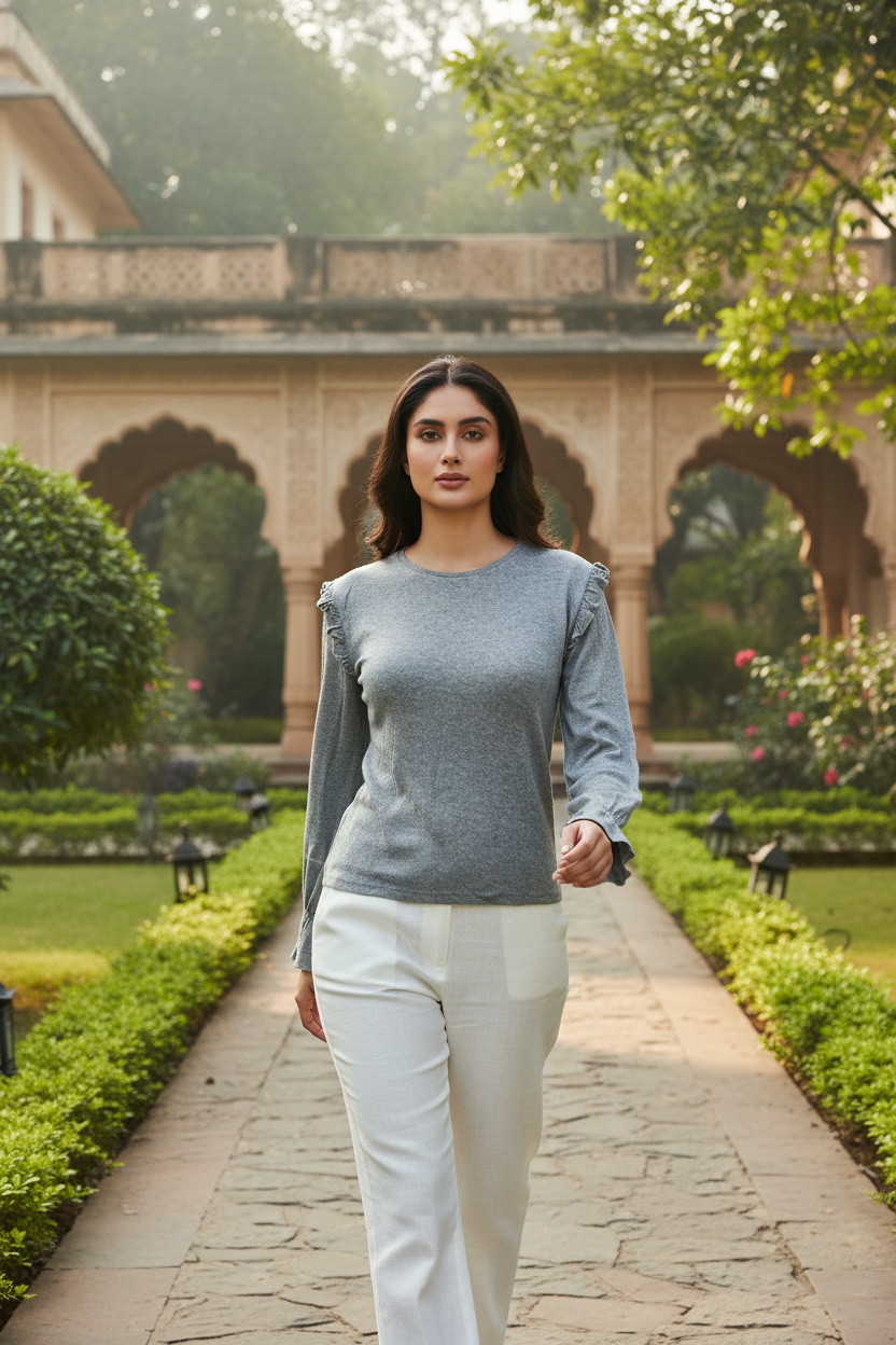 Grey Full Sleeves Knitted Top