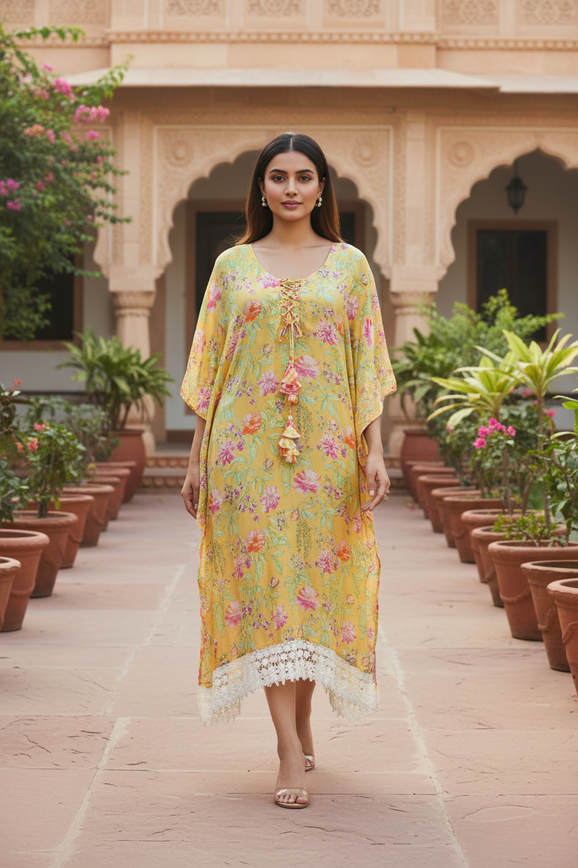 Piya Yellow Floral Printed Kaftan