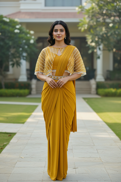 Mustard Embellised Drape Saree