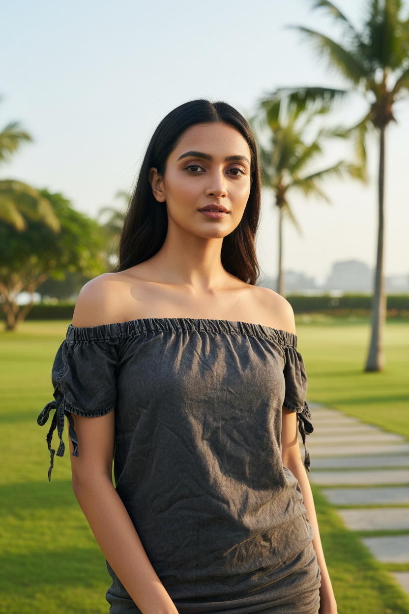 Grey Denim Off Shoulder Top