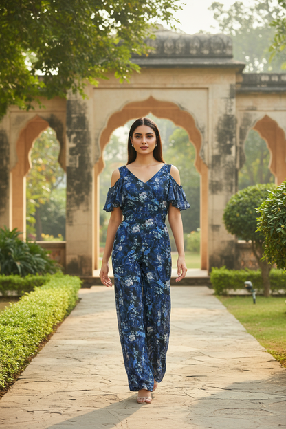 Blue Floral Off Shoulder Jumpsuit