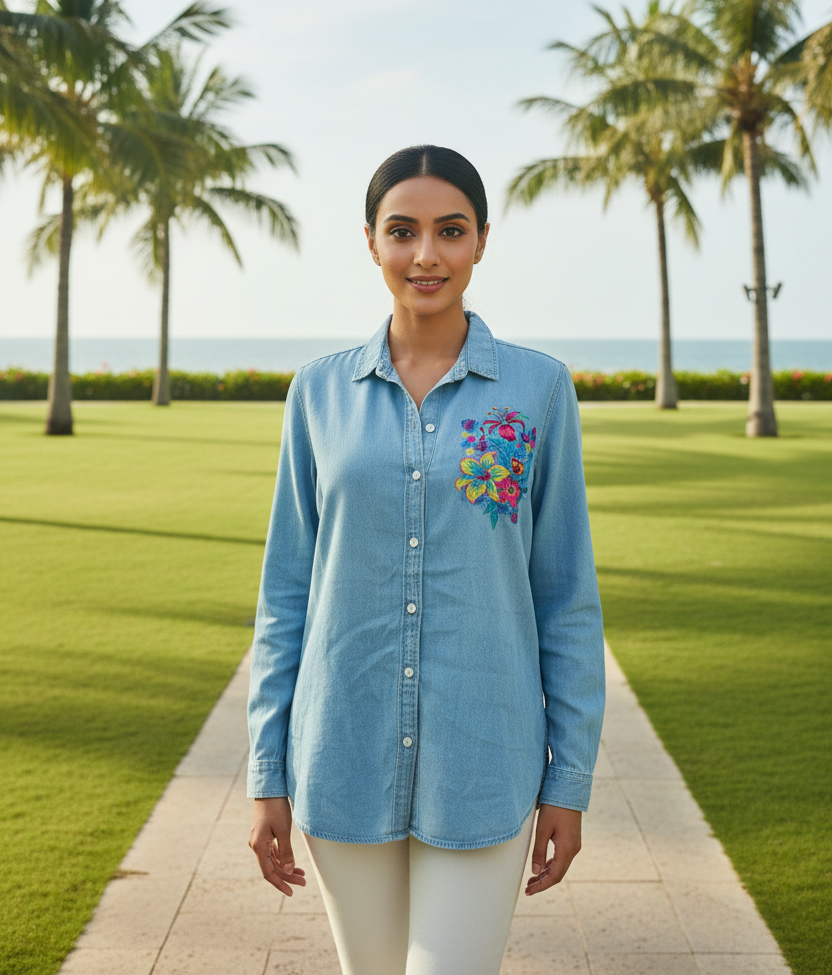Floral Embroidered Denim Shirt