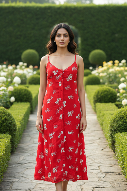 Red Floral Print Slip Dress