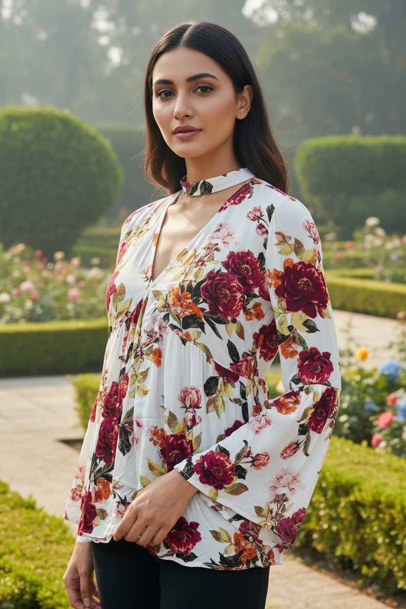 White Floral Print Full Sleeves Top