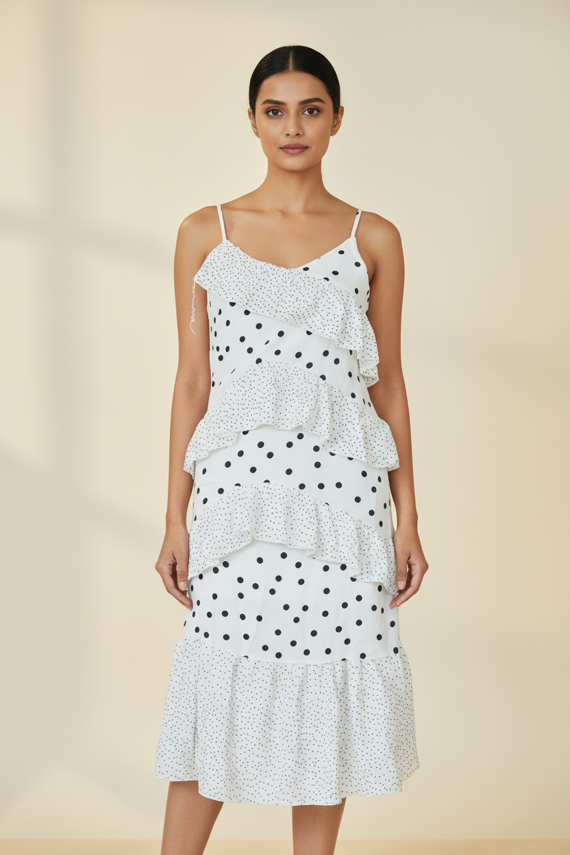 White Polka Dot Ruffle Midi Dress