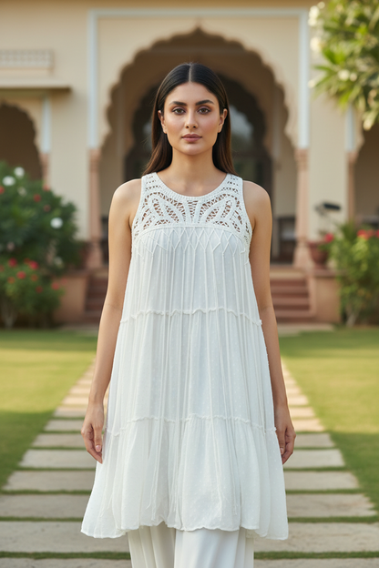 White Lace Detailing Short Dress