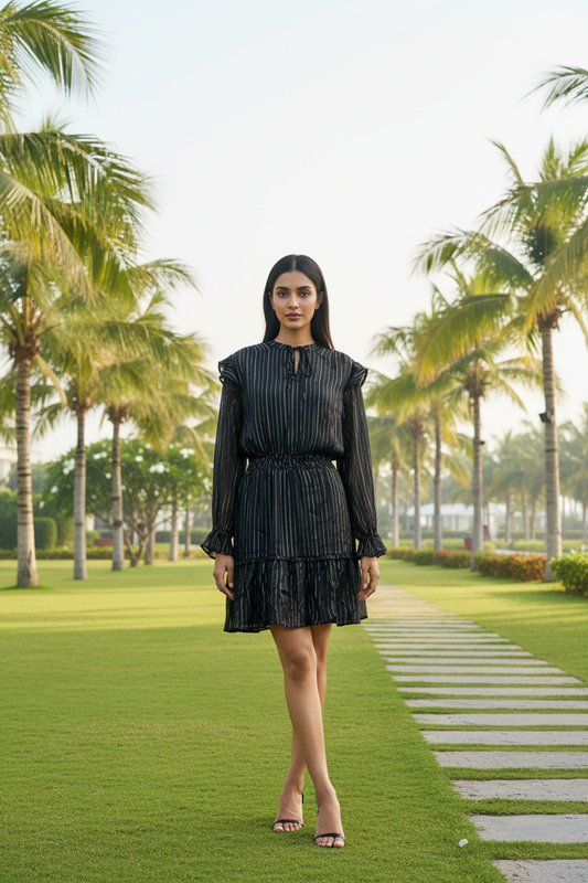 Black Striped Frill Short Dress