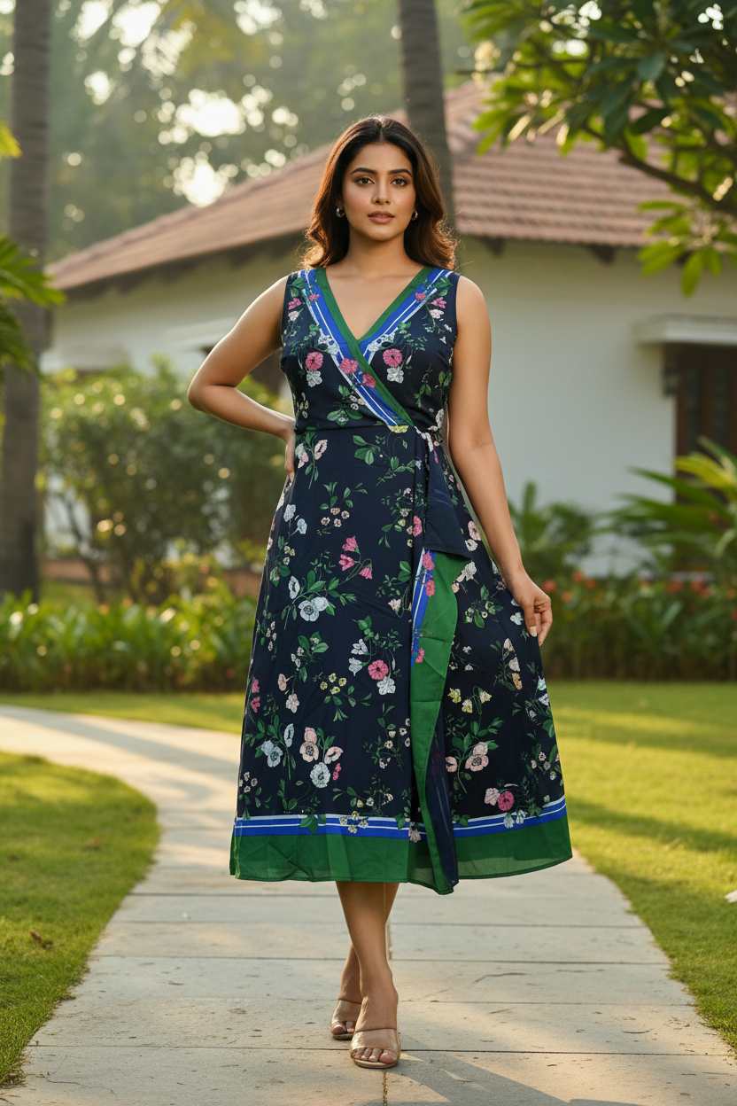 Floral Pritned Cut Sleeves Wrap Dress