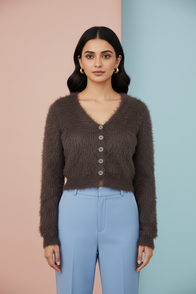 Brown Front Buttoned Frill Top