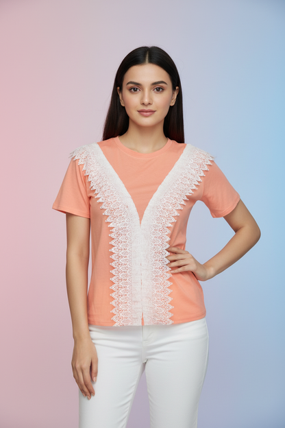 Peach Lace Work Tshirt