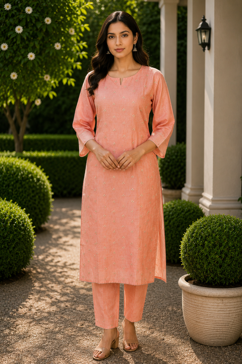 Peach Floral Embroidered Kurta