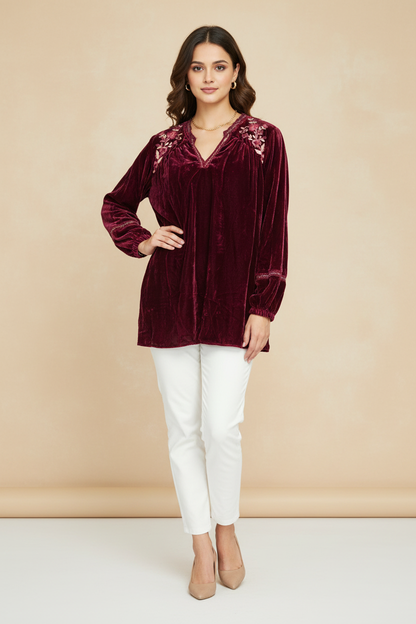 Wine Embroidered Velvet Short Kurti