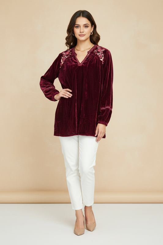 Wine Embroidered Velvet Short Kurti