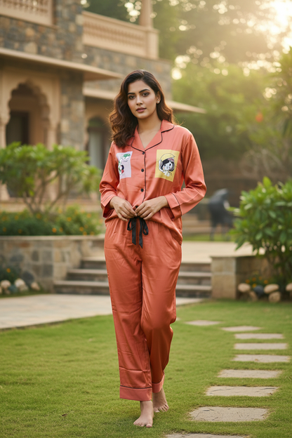 Rust Printed Satin Nightsuit