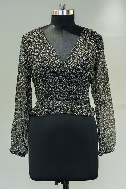 Black Floral Printed Full Sleeves Top