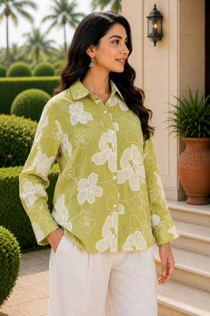 Green Floral Embroidered Shirt