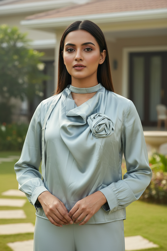 Green Bloom Satin Blouse