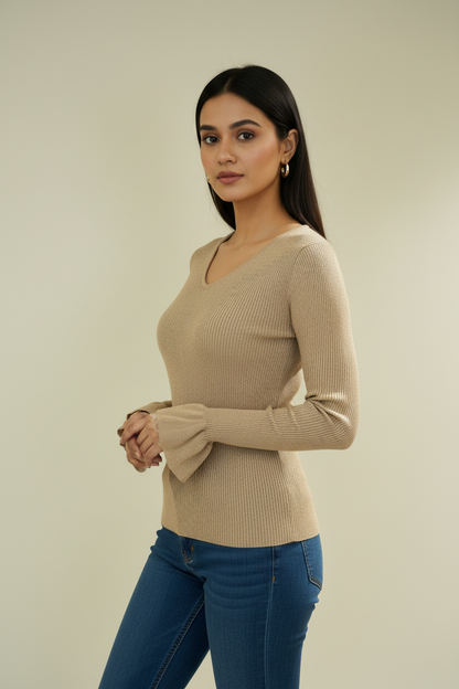 Beige Knitted Full Sleeves Top