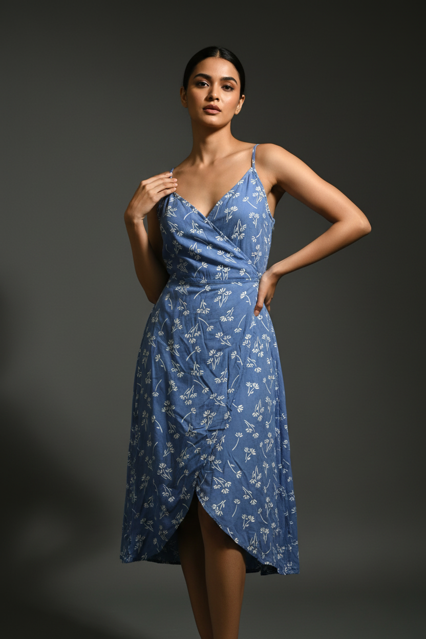 Blue Floral Wrap Around Dress