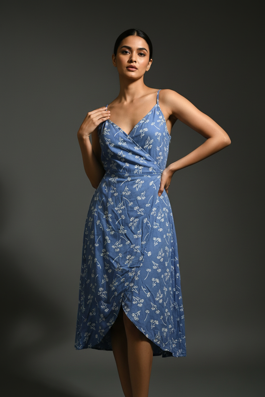 Blue Floral Wrap Around Dress