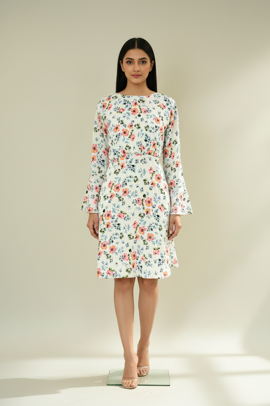 White Floral Full Sleeves Dress
