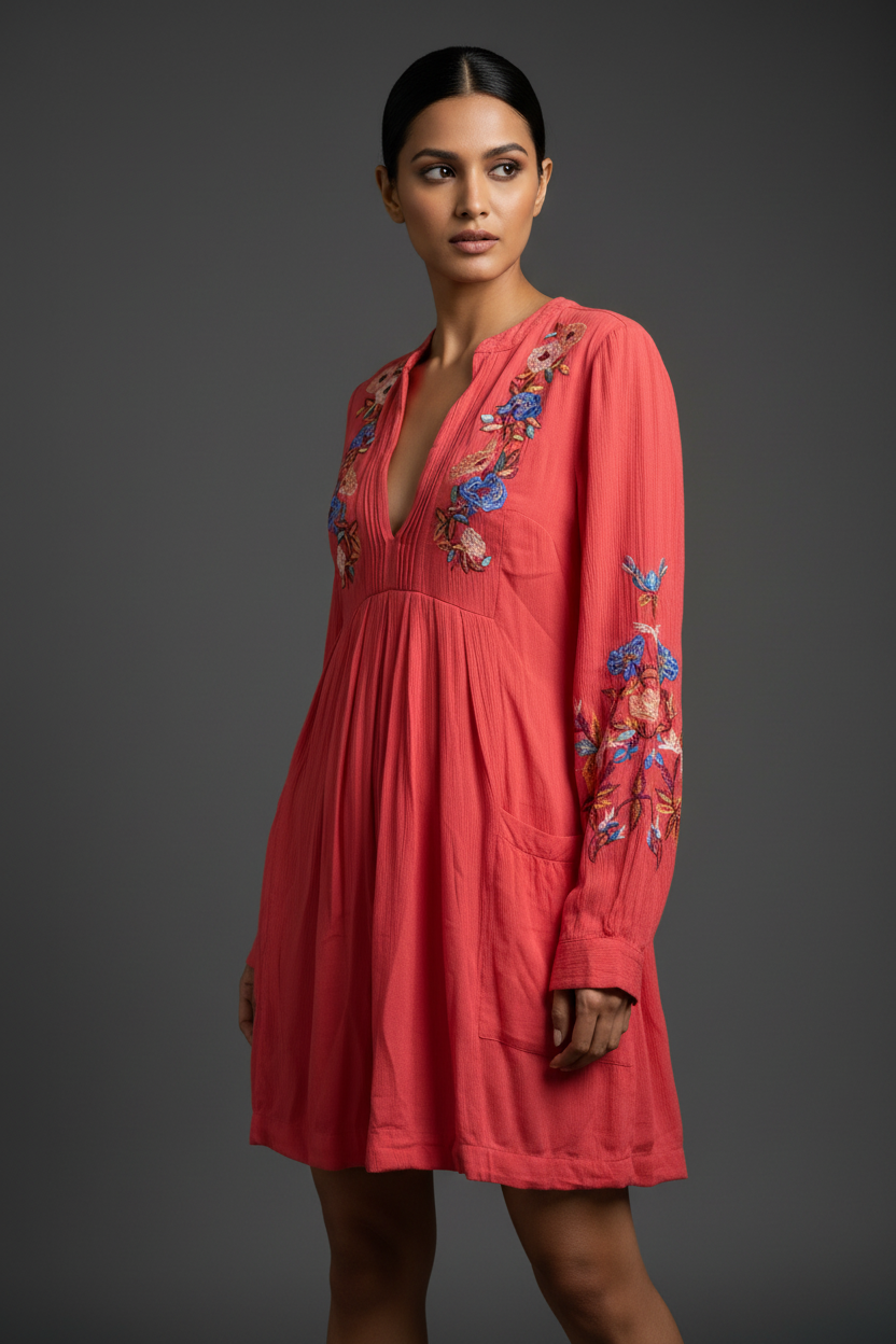Rust Floral Embroidered Short Dress