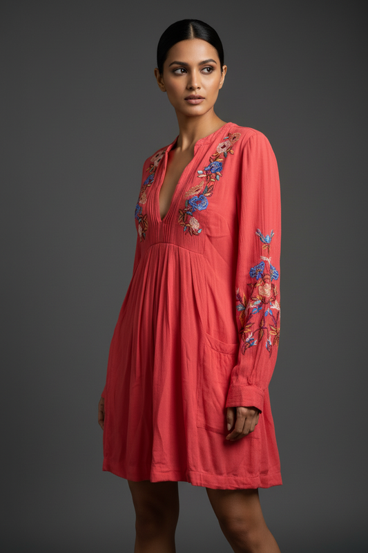 Rust Floral Embroidered Short Dress