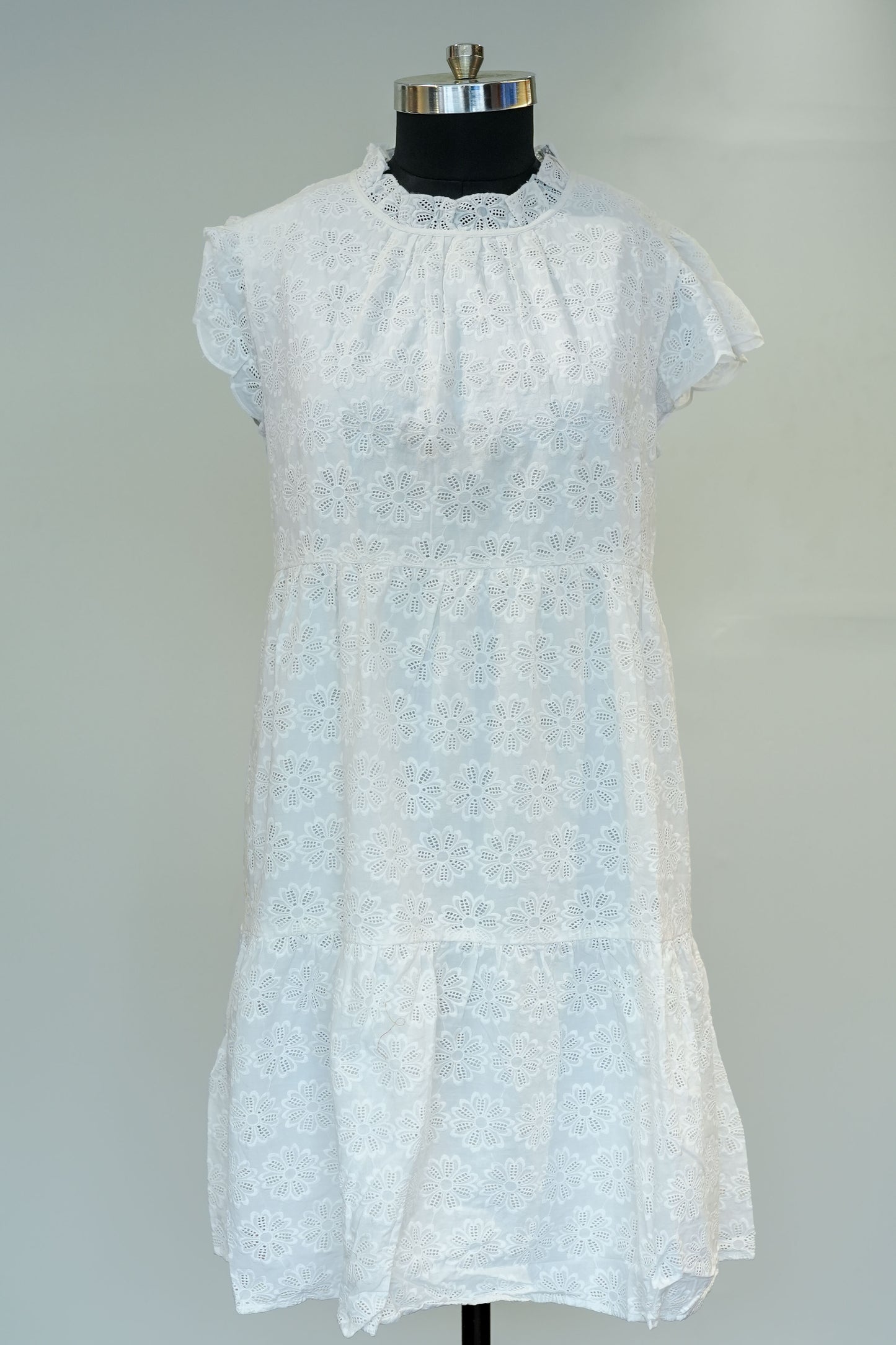 White Schiffli Work Short Dress