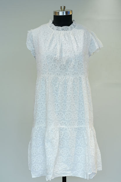 White Schiffli Work Short Dress