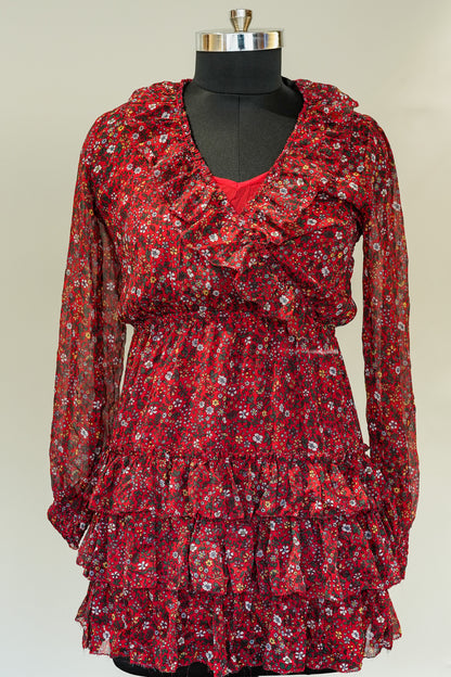 Red Printed Frill Short Dress