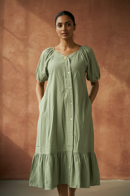 Green Side Buttoned Dress