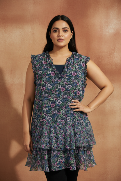 Floral Short Cut Sleeves Dress