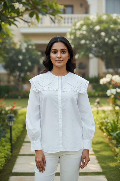 White Full Sleeves Schiffli Work Shirt