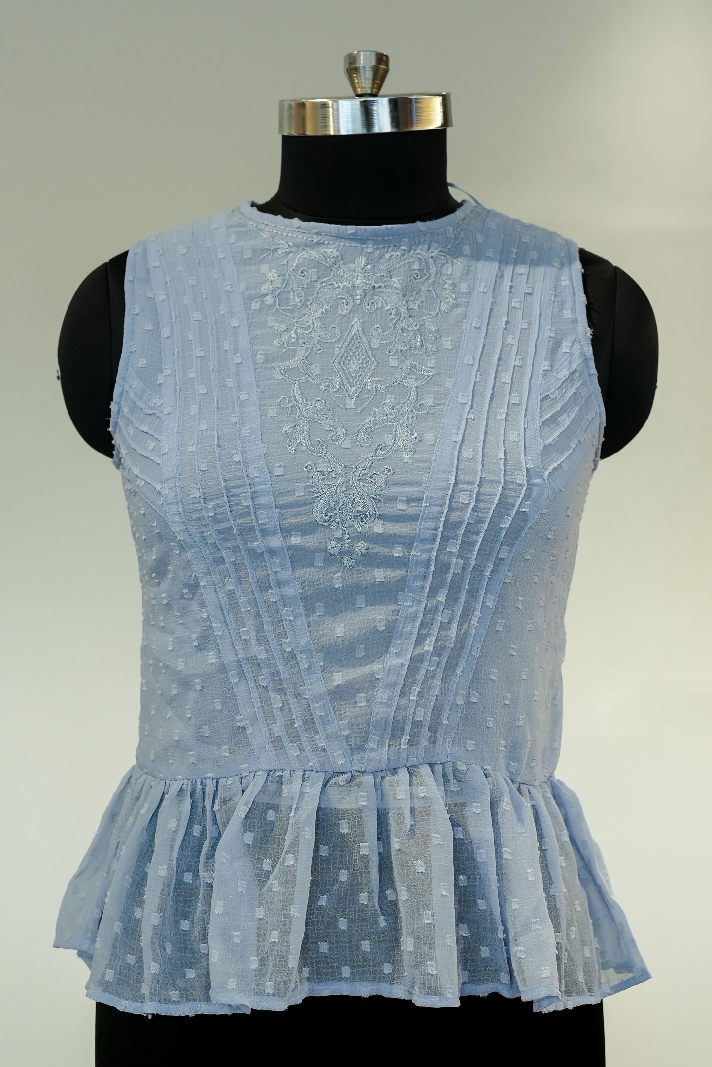 Blue Embroidered Peplum Top