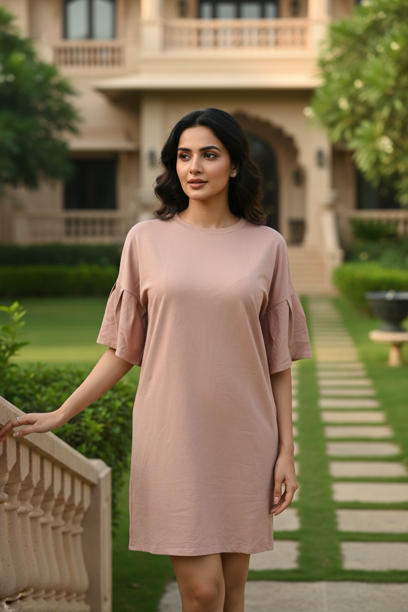 Peach Frill Sleeves Short Dress