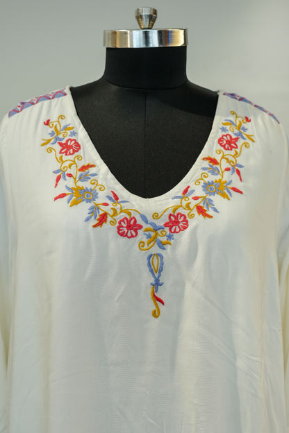White Floral Embroidered Long Top