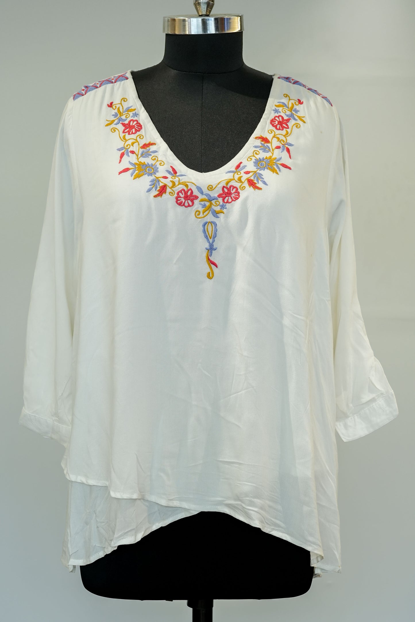 White Floral Embroidered Long Top