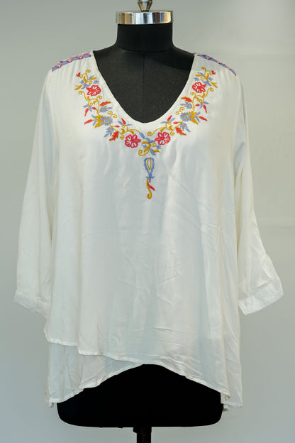 White Floral Embroidered Long Top