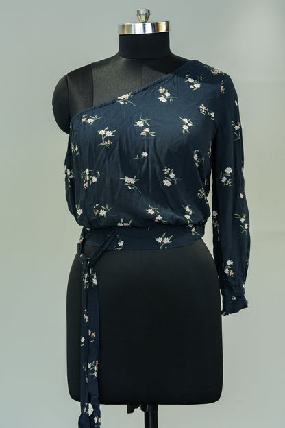 Blue One Shoulder Floral Top