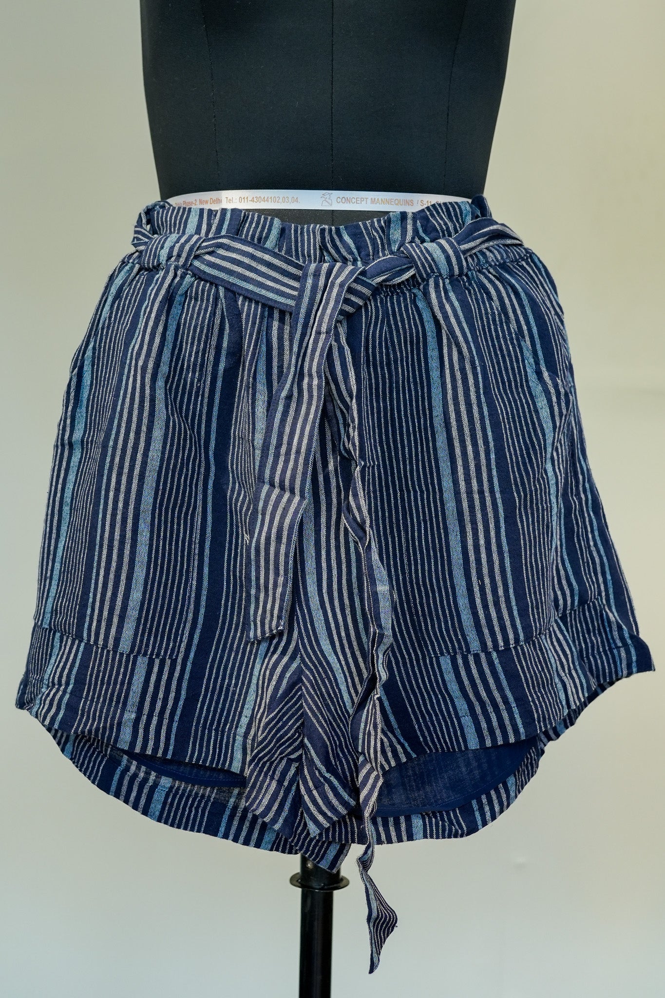 Blue Striped Front Knot Shorts