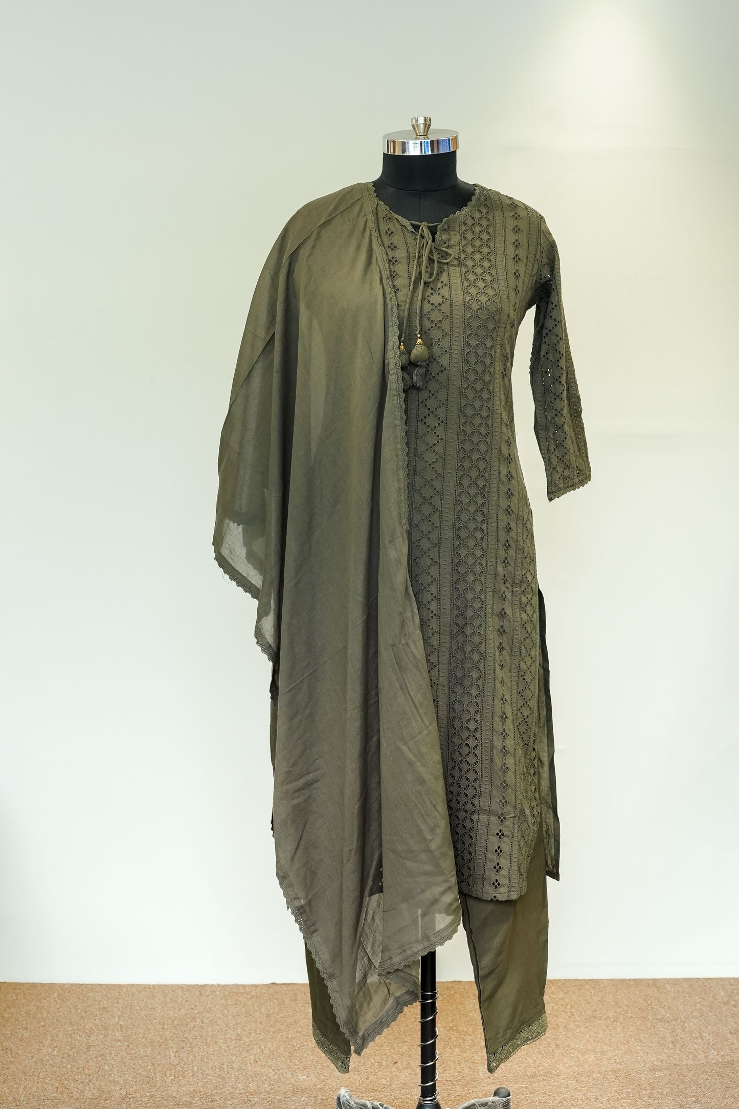 Mahima Olive Schiffli Work Suit Set