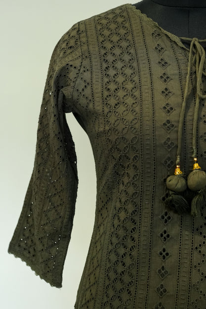 Mahima Olive Schiffli Work Suit Set
