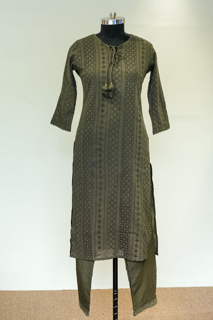 Mahima Olive Schiffli Work Suit Set