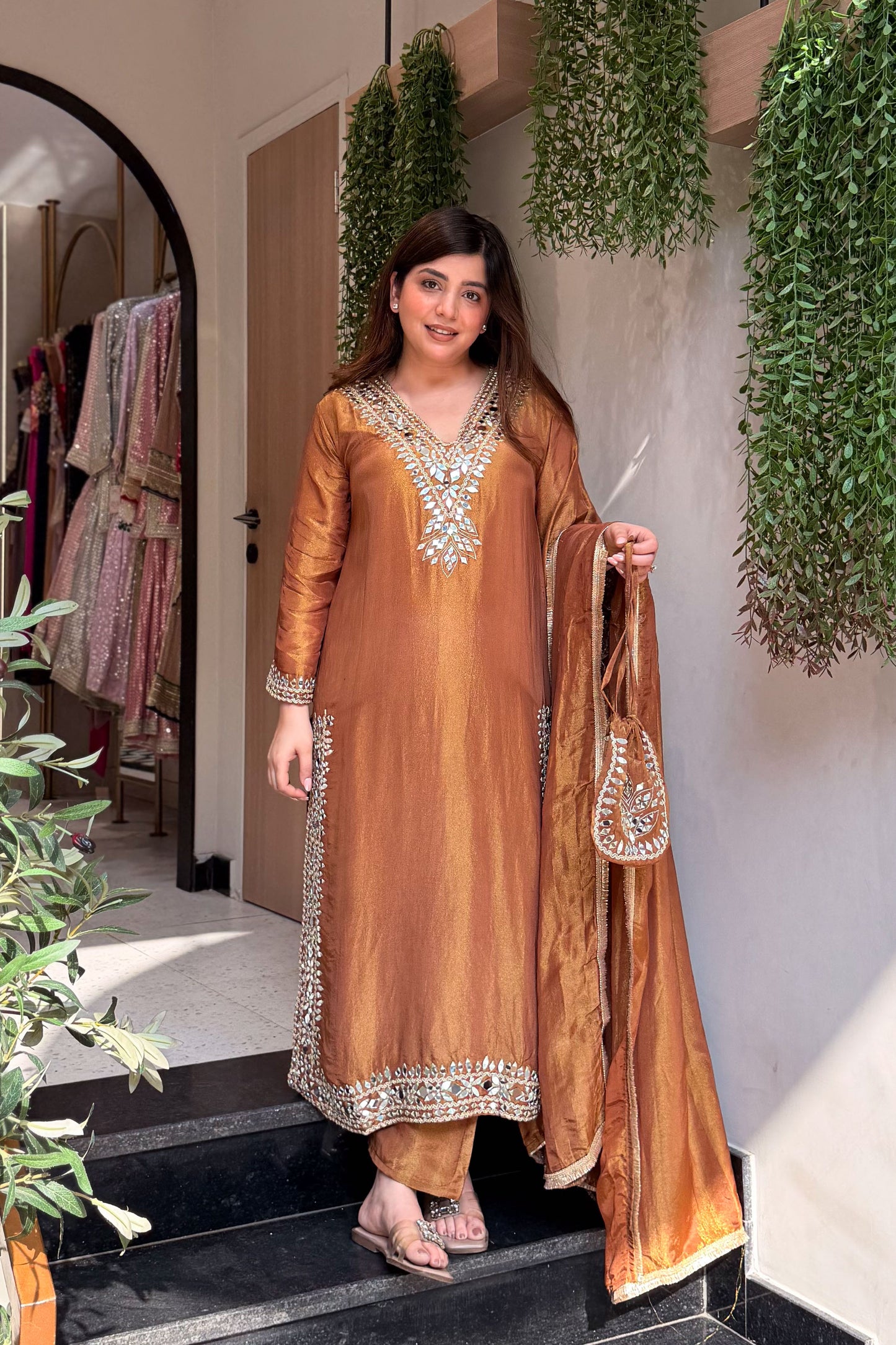 Avnika Mirror Work Suit Set with Potli