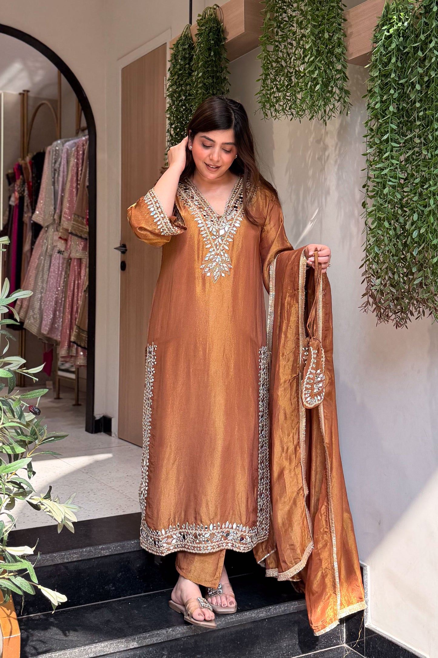 Avnika Mirror Work Suit Set with Potli