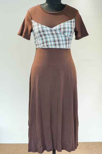 Check Detailing Long Brown Dress
