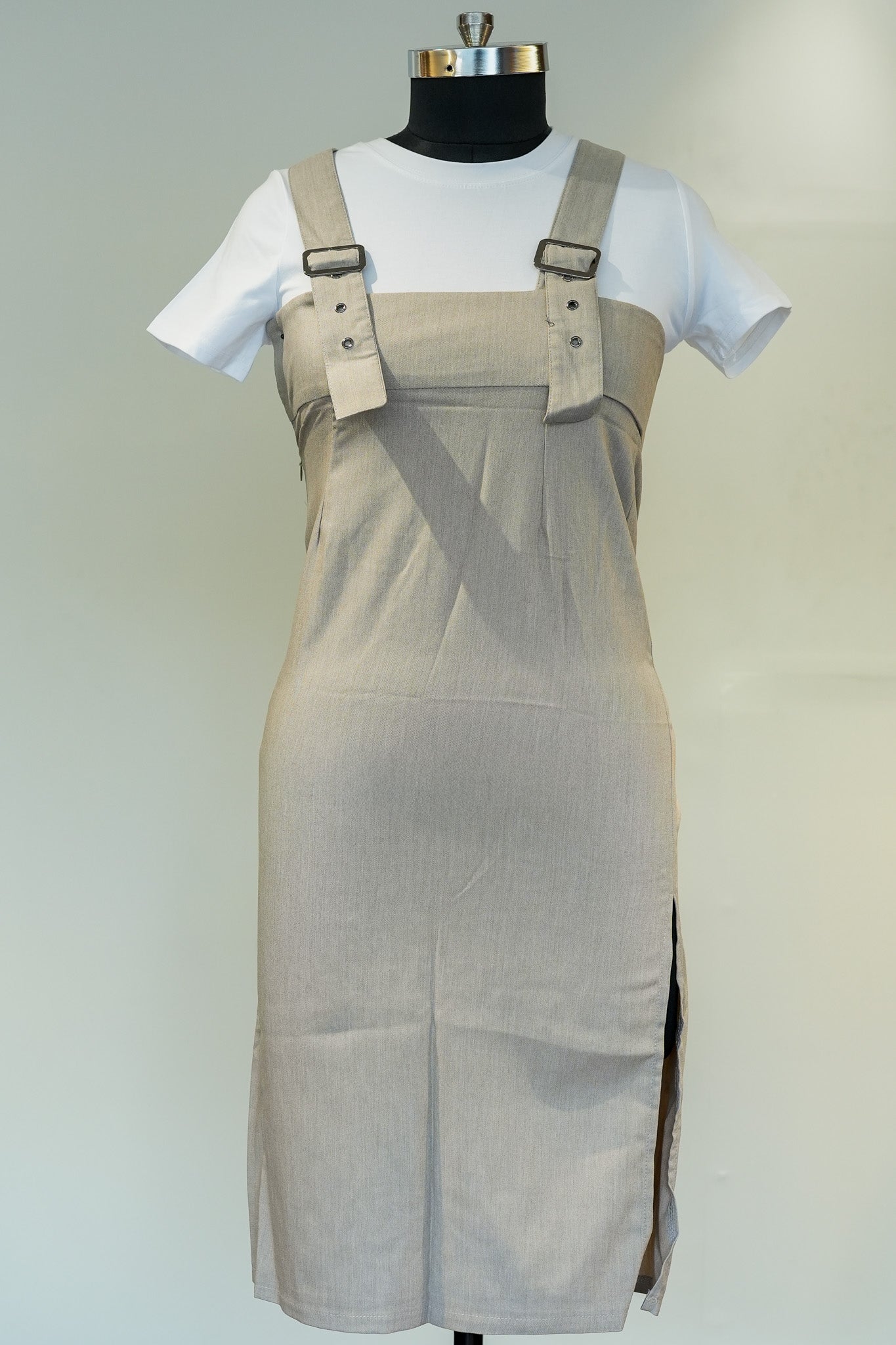 Beige Buckle Strap Sheath Dress