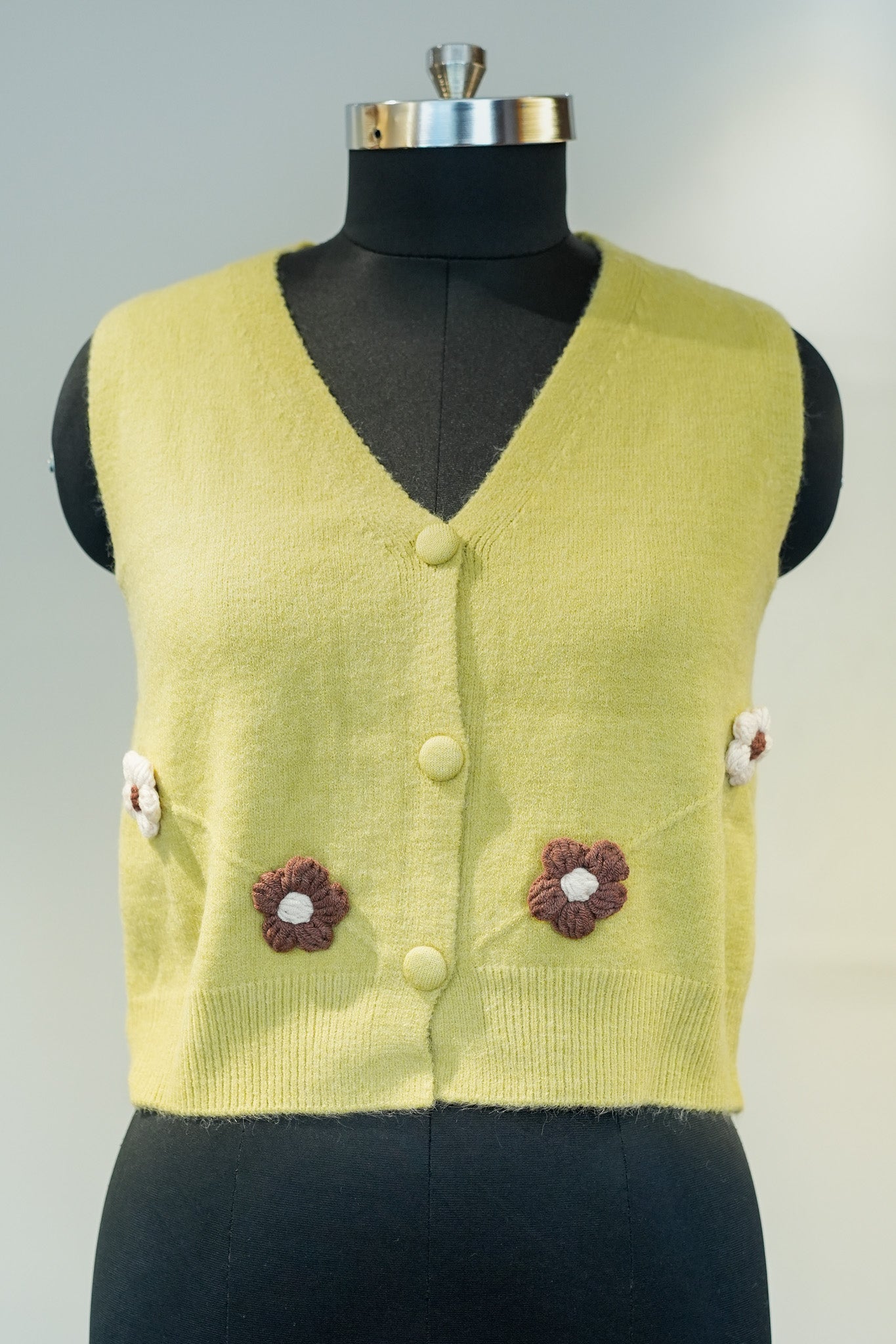 Green Floral Detailing Half Sweater