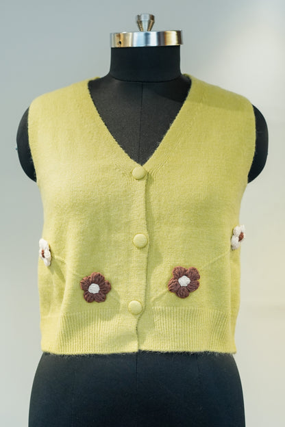 Green Floral Detailing Half Sweater